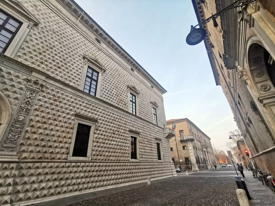 Palazzo dei Diamanti façade with its diamond-shaped marble blocks, Ferrara, Italy