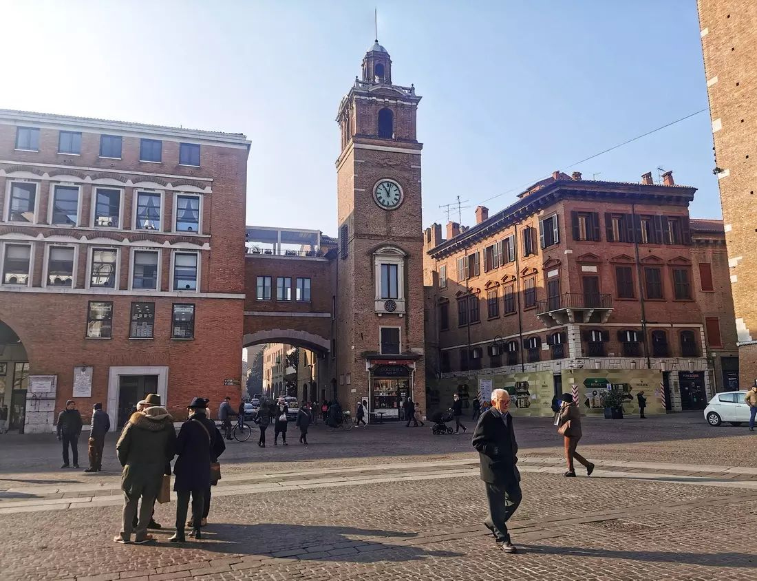 Sunny street view in Ferrara, Italy in February