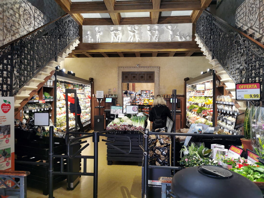 Interior of DeSpar supermarket located inside the historic Teatro Italia