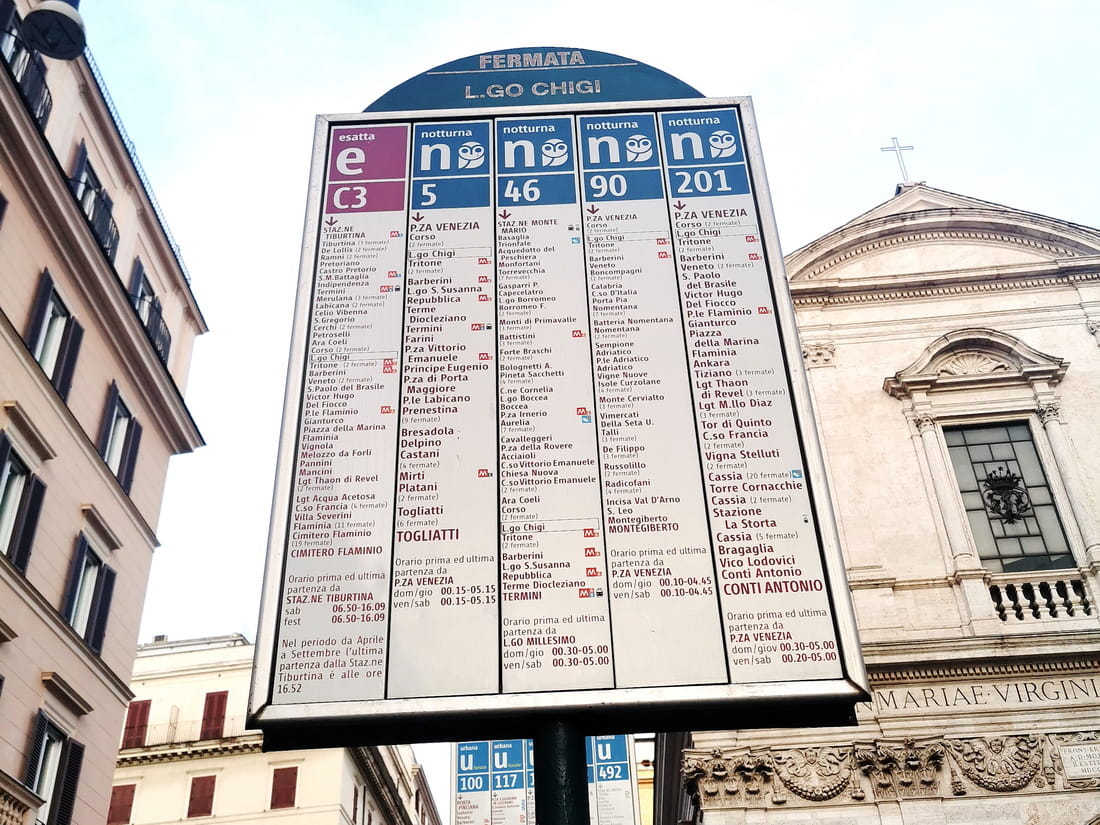 Rome bus stop sign listing routes and schedules