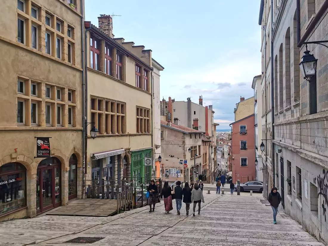 Montée de la Grande-Côte with murals and cobbled path in Croix-Rousse.