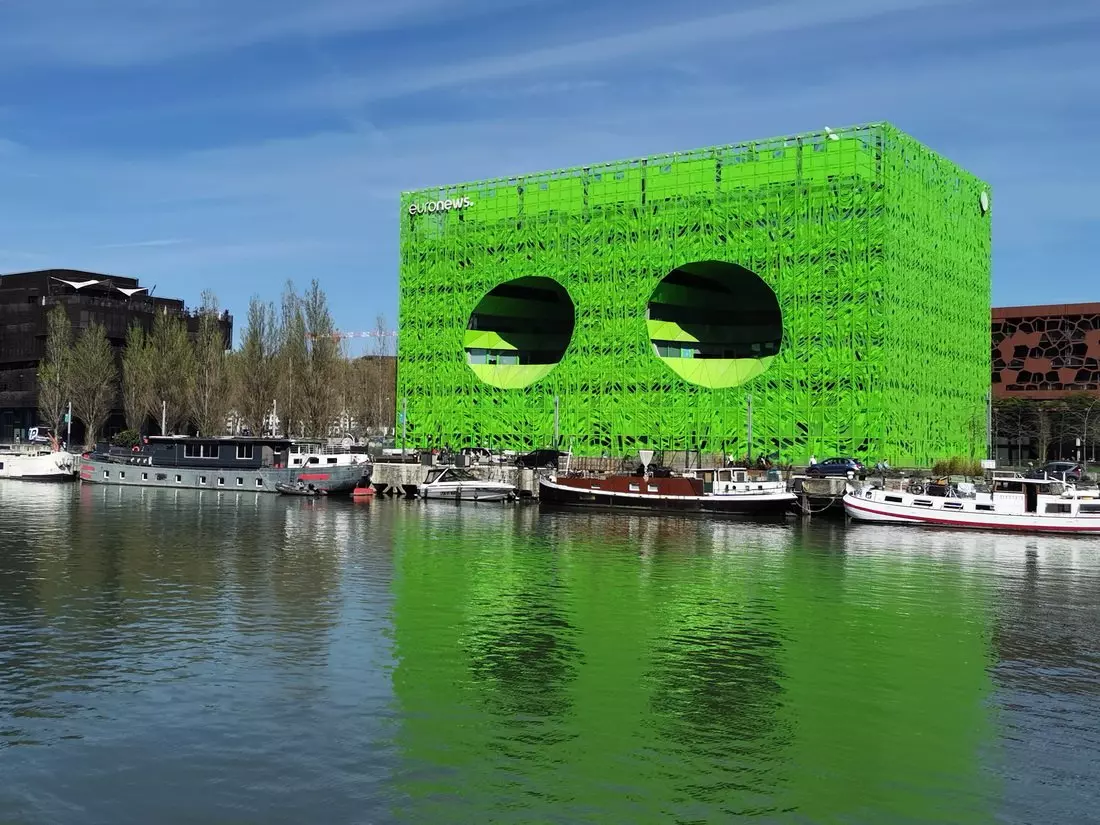 The bright green Euronews building in Lyon’s Confluence district — nicknamed ‘the pencil sharpener’ by locals.