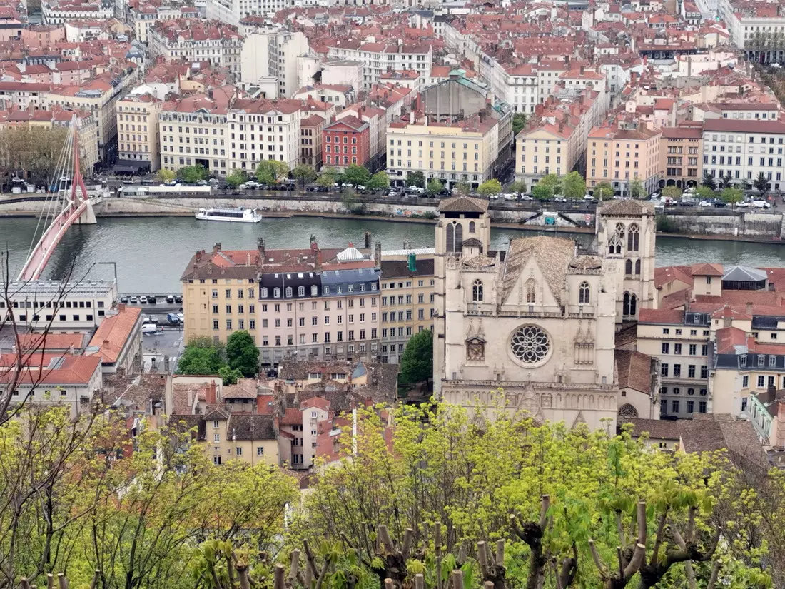 Panoramic view of Vieux Lyon along the Saône River with Saint-Jean Cathedral in the centre