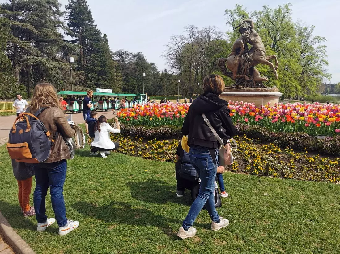 Spring view of Tête d’Or Park in Lyon, with blooming flowerbeds.