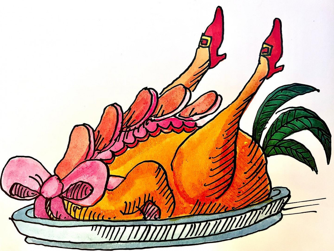 omi Ungerer illustration of a roasted chicken with a bow, playful style with dark irony