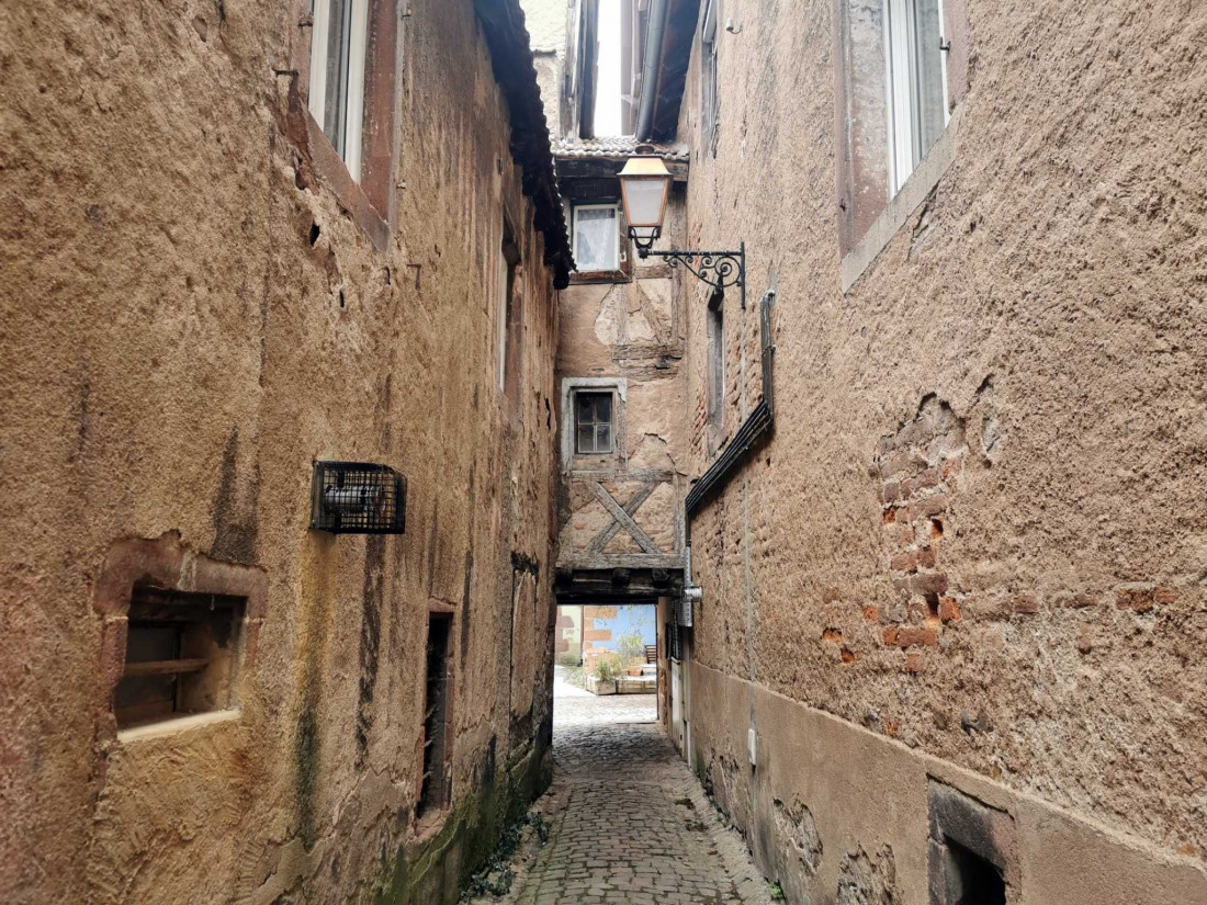 Quiet old town street in Sélestat, Alsace on a winter morning