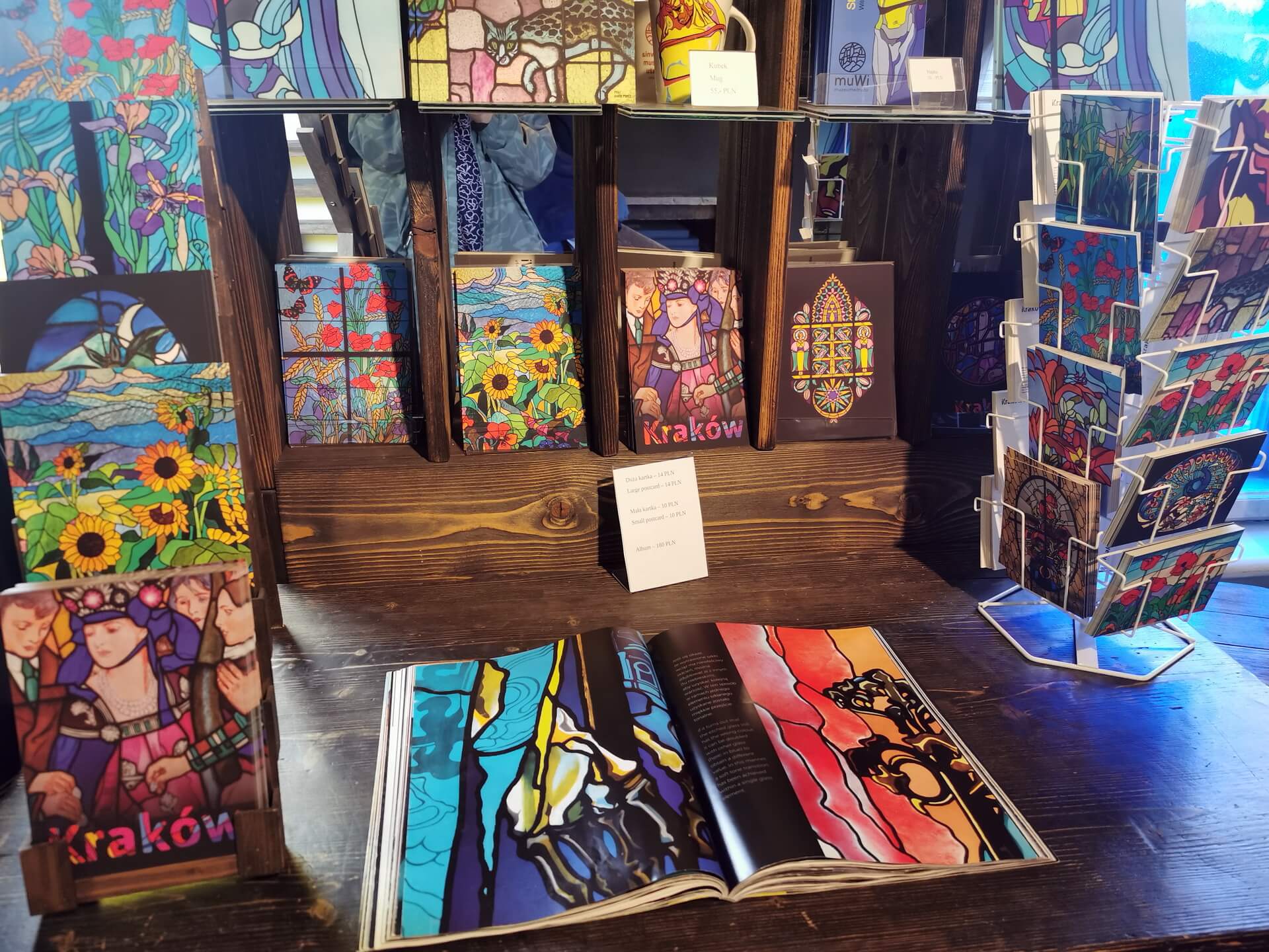 colourful glass postcards and souvenirs in the museum shop