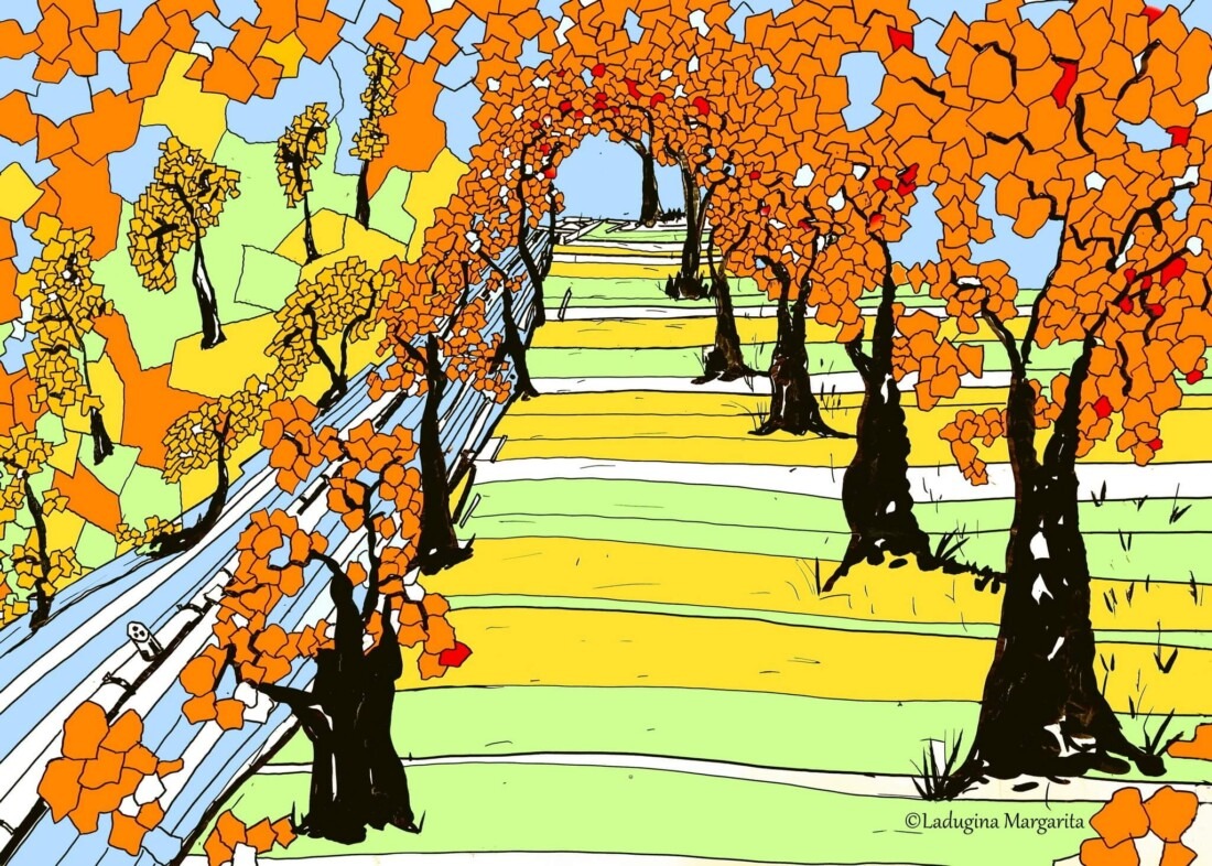 Stained-glass style illustration of a golden autumn park alley with orange trees in Tallinn, Estonia.